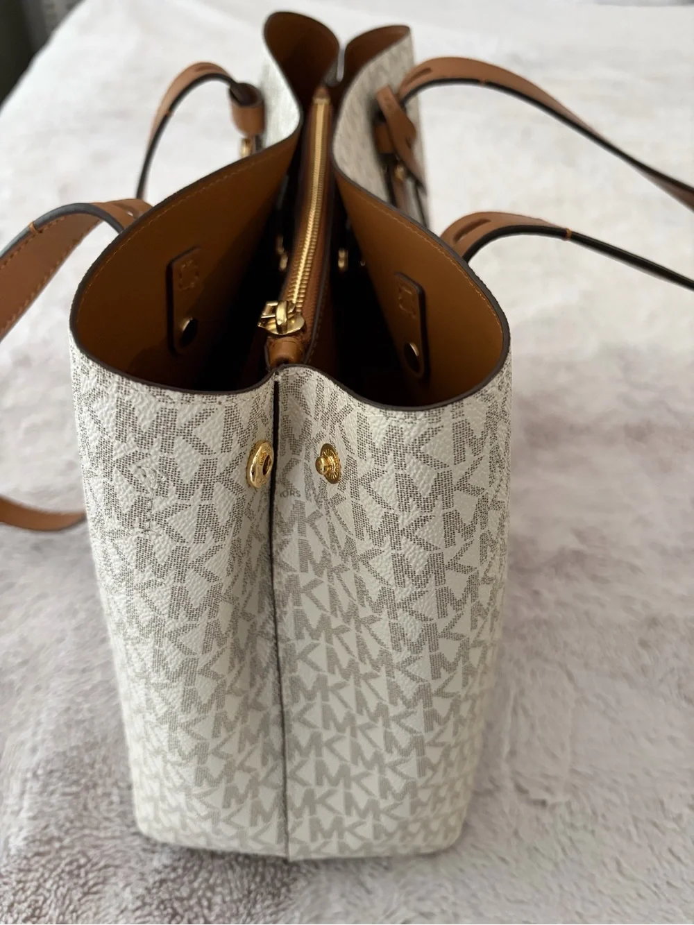 Michael Kors Cream Logo Tote with Tan Leather Straps